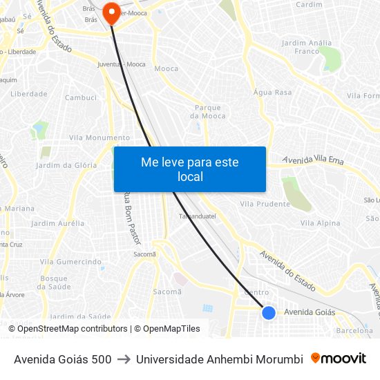 Avenida Goiás 500 to Universidade Anhembi Morumbi map