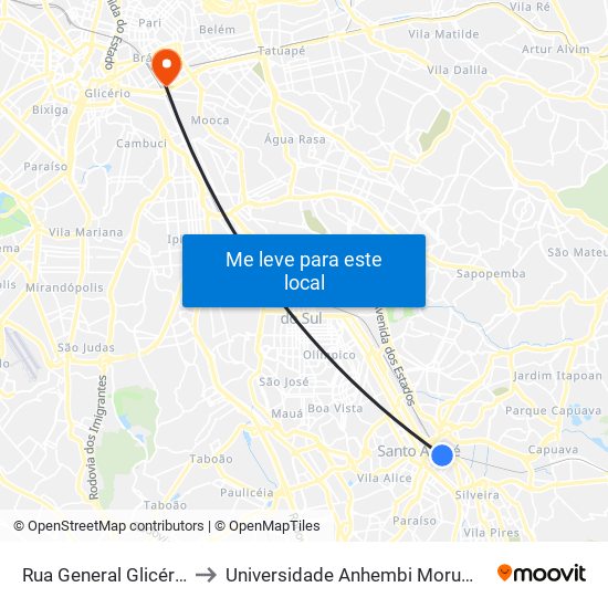 Rua General Glicério to Universidade Anhembi Morumbi map