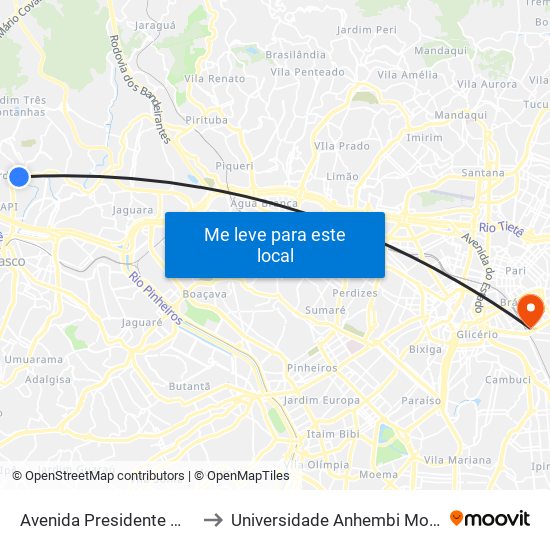 Avenida Presidente Médici to Universidade Anhembi Morumbi map
