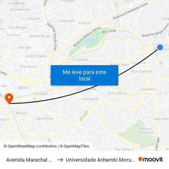 Avenida Marechal Tito to Universidade Anhembi Morumbi map
