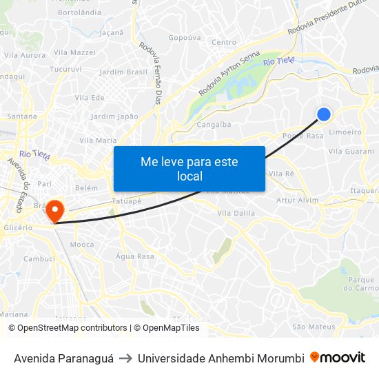 Avenida Paranaguá to Universidade Anhembi Morumbi map