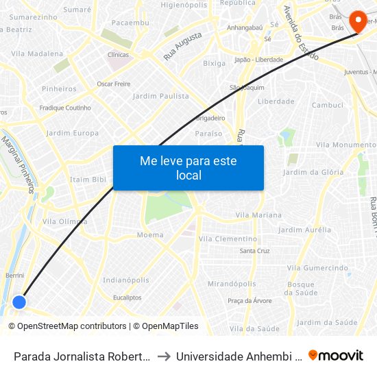 Parada Jornalista Roberto Marinho to Universidade Anhembi Morumbi map