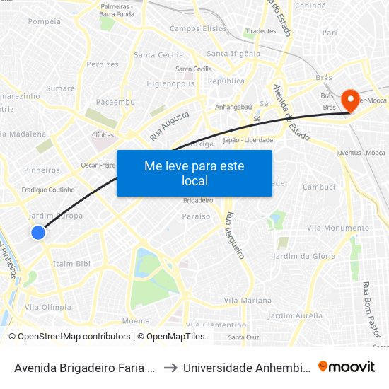 Avenida Brigadeiro Faria Lima 2369 to Universidade Anhembi Morumbi map
