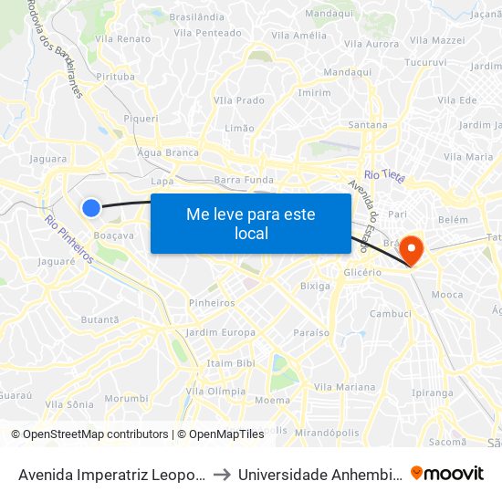 Avenida Imperatriz Leopoldina 1022 to Universidade Anhembi Morumbi map