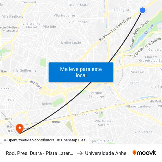 Rod. Pres. Dutra - Pista Lateral - R. Mavilda Neves to Universidade Anhembi Morumbi map