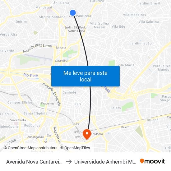 Avenida Nova Cantareira 690 to Universidade Anhembi Morumbi map