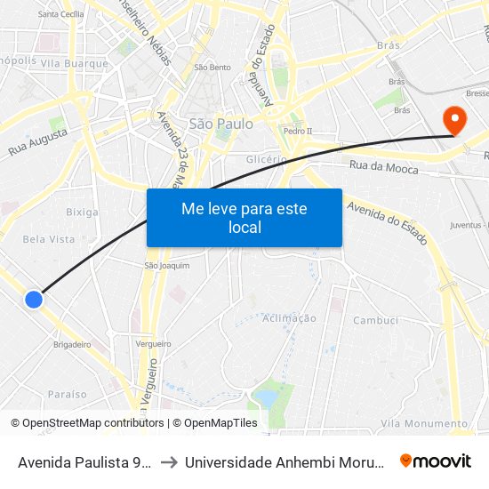 Avenida Paulista 900 to Universidade Anhembi Morumbi map