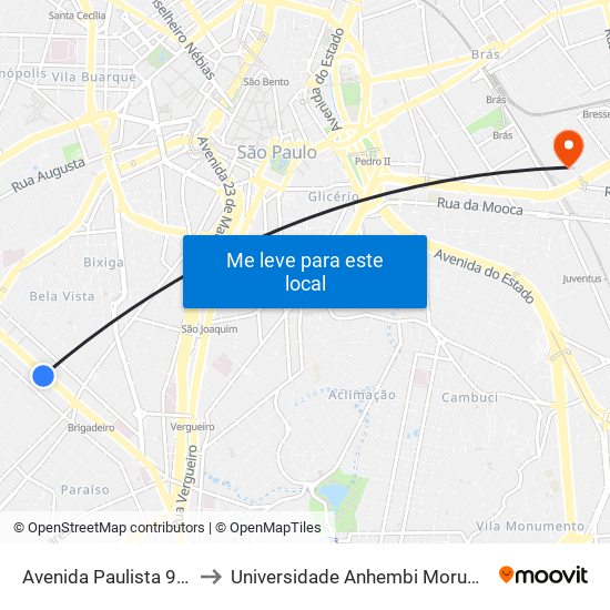 Avenida Paulista 901 to Universidade Anhembi Morumbi map