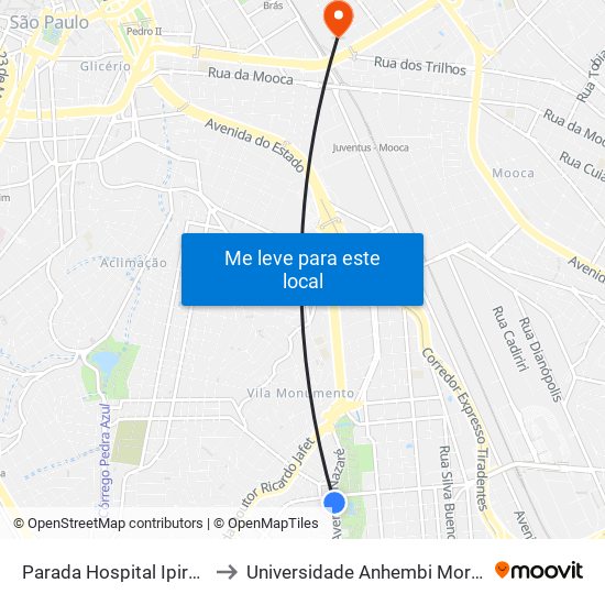 Parada Hospital Ipiranga to Universidade Anhembi Morumbi map