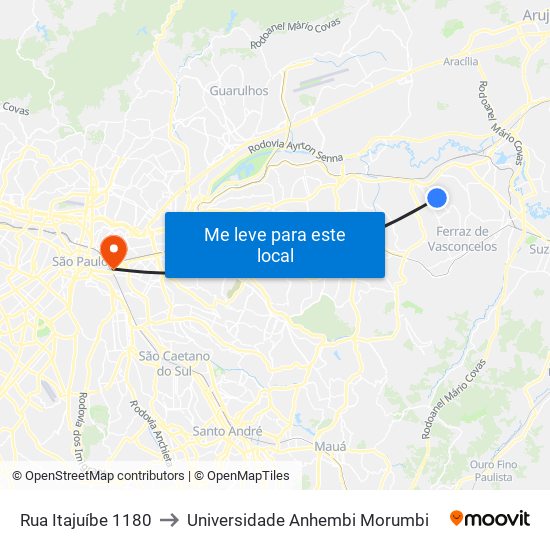 Rua Itajuíbe 1180 to Universidade Anhembi Morumbi map