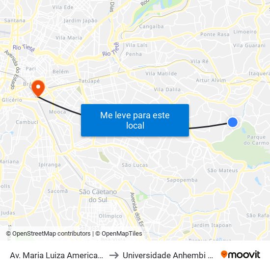 Av. Maria Luiza Americano, 1741 to Universidade Anhembi Morumbi map