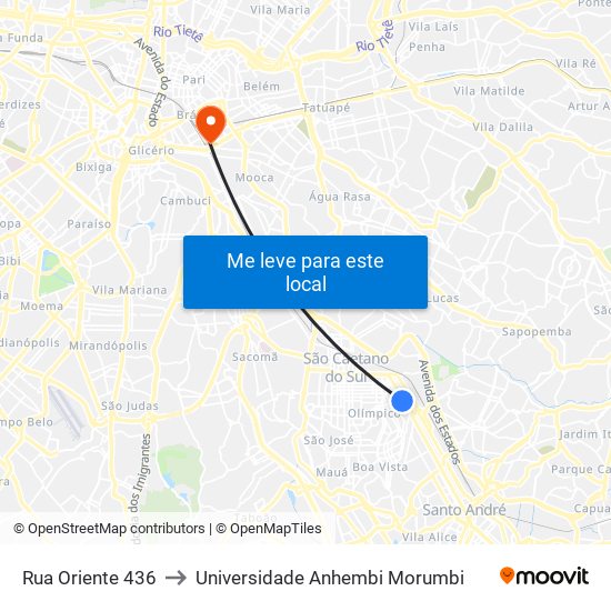 Rua Oriente 436 to Universidade Anhembi Morumbi map