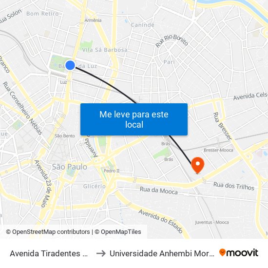 Avenida Tiradentes 2194 to Universidade Anhembi Morumbi map