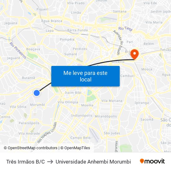 Três Irmãos B/C to Universidade Anhembi Morumbi map