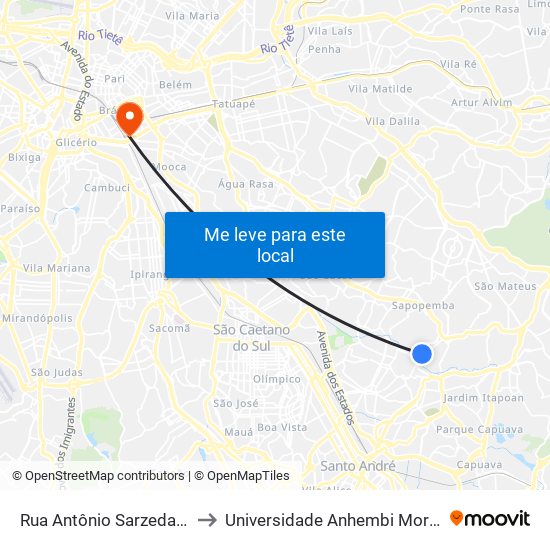 Rua Antônio Sarzedas 97 to Universidade Anhembi Morumbi map