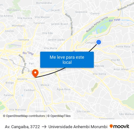 Av. Cangaiba, 3722 to Universidade Anhembi Morumbi map