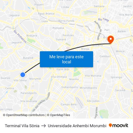 Terminal Vila Sônia to Universidade Anhembi Morumbi map