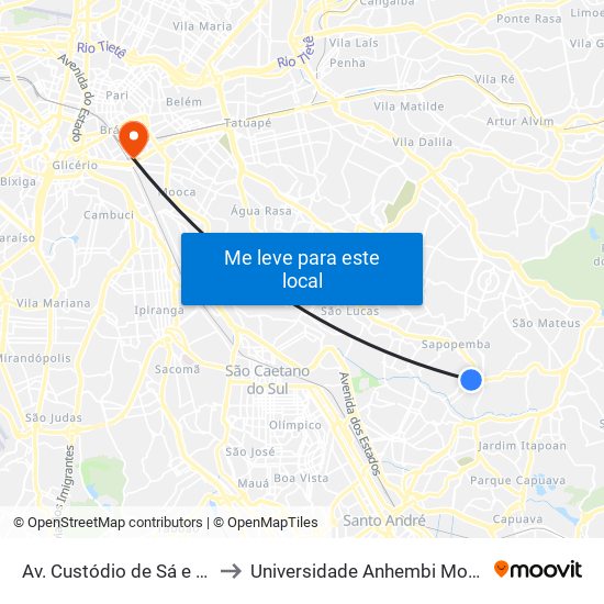 Av. Custódio de Sá e Faria to Universidade Anhembi Morumbi map