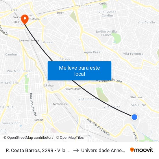 R. Costa Barros, 2299 - Vila Alpina, São Paulo to Universidade Anhembi Morumbi map