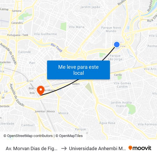 Av. Morvan Dias de Figueiredo to Universidade Anhembi Morumbi map