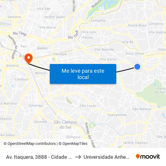 Av. Itaquera, 3888 - Cidade Líder, São Paulo to Universidade Anhembi Morumbi map