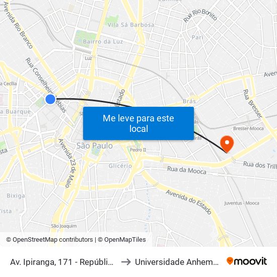 Av. Ipiranga, 171 - República, São Paulo to Universidade Anhembi Morumbi map