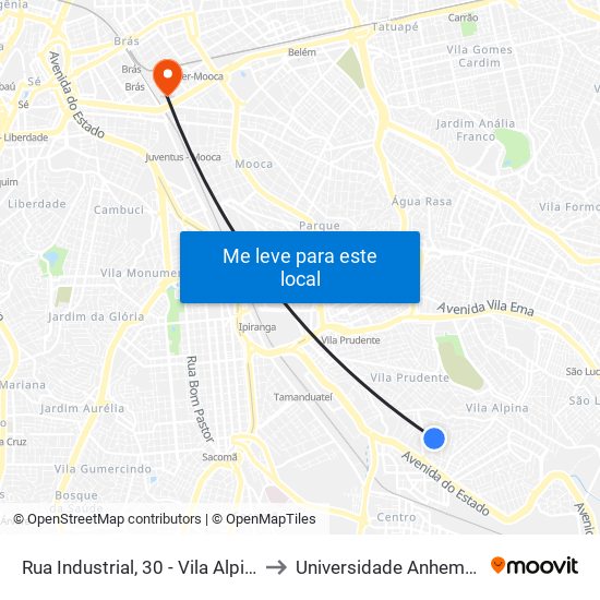 Rua Industrial, 30 - Vila Alpina, São Paulo to Universidade Anhembi Morumbi map