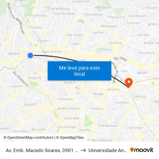 Av. Emb. Macedo Soares, 3901 - Vila Leopoldina, São Paulo to Universidade Anhembi Morumbi map