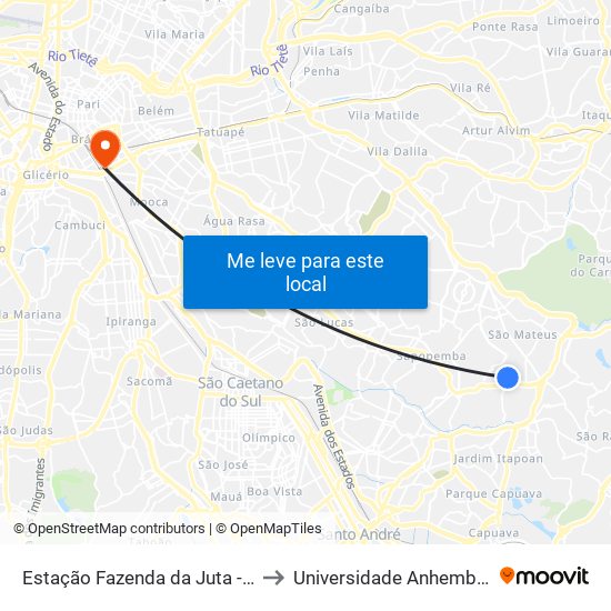 Estação Fazenda da Juta - Monotrilho to Universidade Anhembi Morumbi map