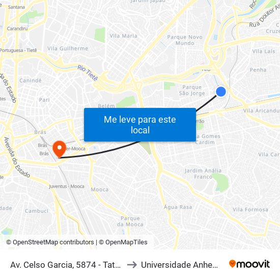 Av. Celso Garcia, 5874 - Tatuapé, São Paulo to Universidade Anhembi Morumbi map