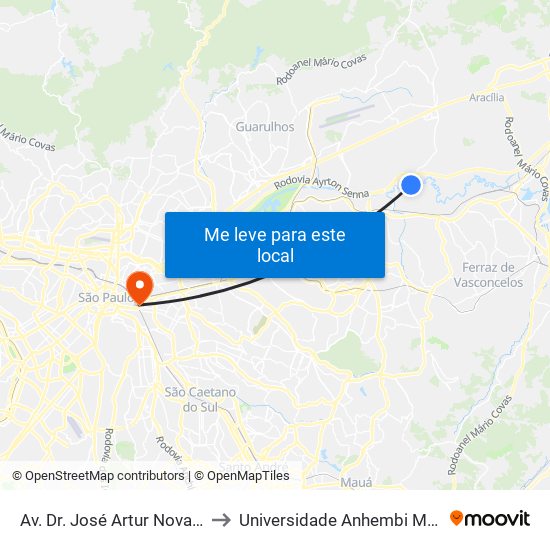 Av. Dr. José Artur Nova, 2748 to Universidade Anhembi Morumbi map