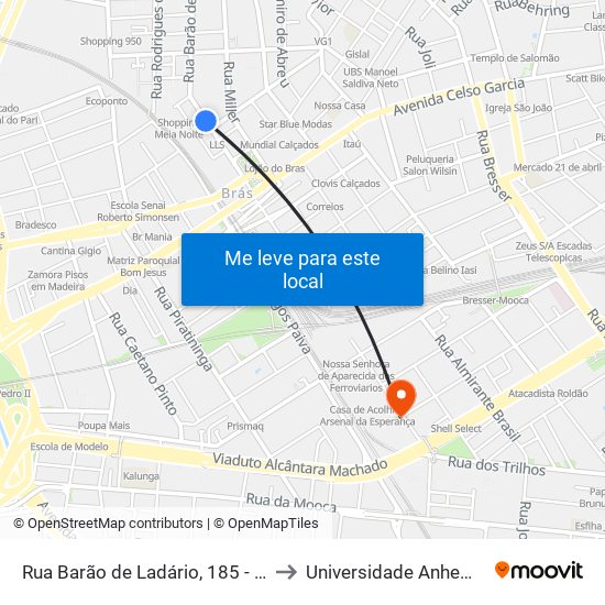 Rua Barão de Ladário, 185 - Brás, São Paulo to Universidade Anhembi Morumbi map