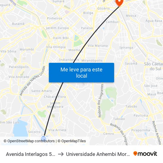 Avenida Interlagos 5220 to Universidade Anhembi Morumbi map
