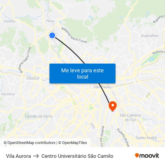 Vila Aurora to Centro Universitário São Camilo map