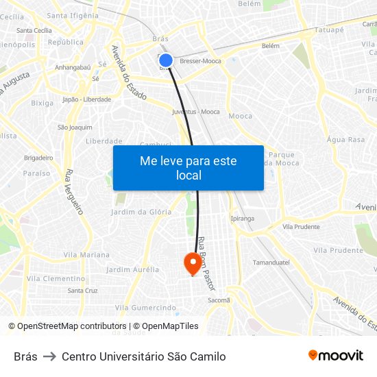 Brás to Centro Universitário São Camilo map
