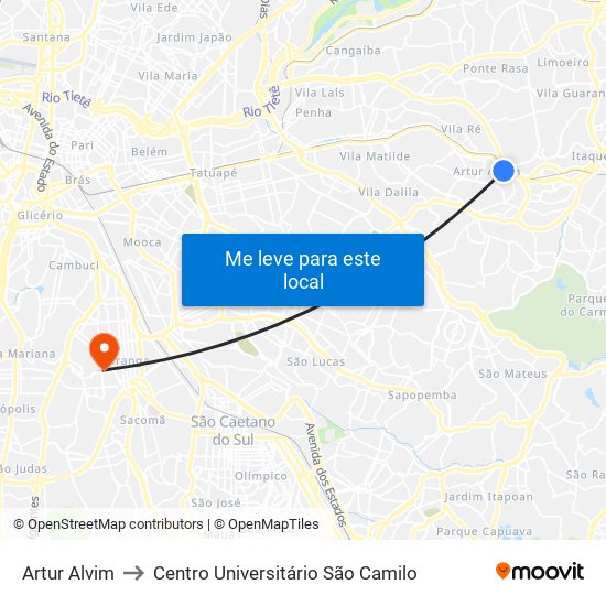 Artur Alvim to Centro Universitário São Camilo map