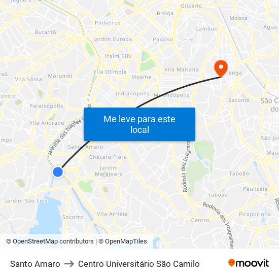 Santo Amaro to Centro Universitário São Camilo map