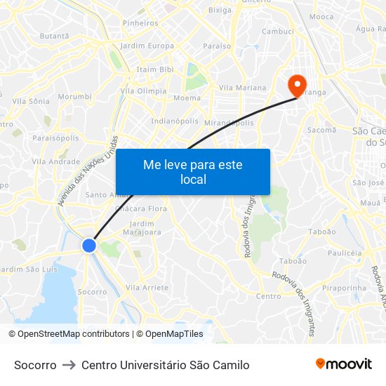 Socorro to Centro Universitário São Camilo map