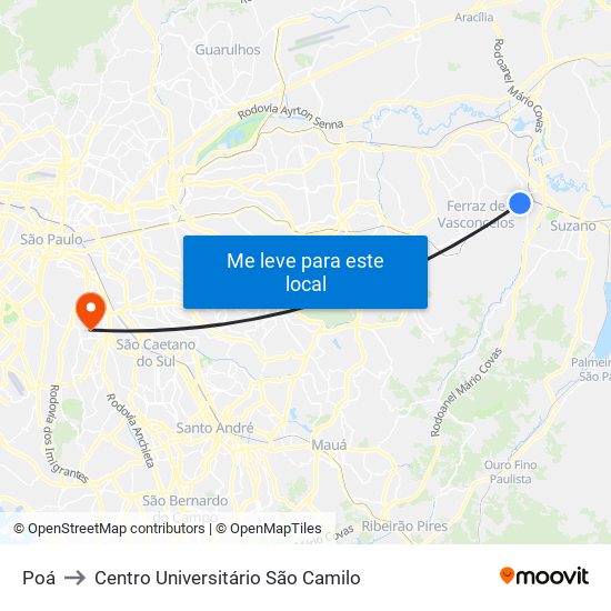 Poá to Centro Universitário São Camilo map