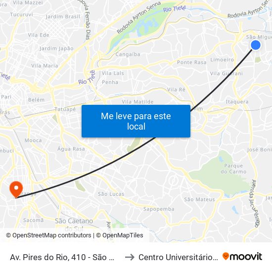 Av. Pires do Rio, 410 - São Miguel, São Paulo to Centro Universitário São Camilo map