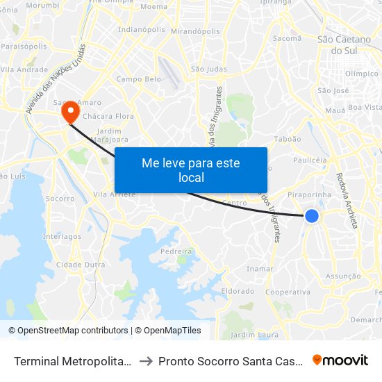 Terminal Metropolitano Piraporinha to Pronto Socorro Santa Casa de Santo Amaro map