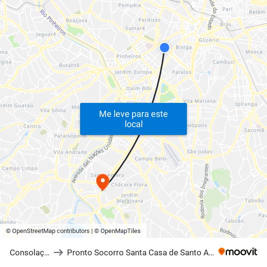 Consolação to Pronto Socorro Santa Casa de Santo Amaro map