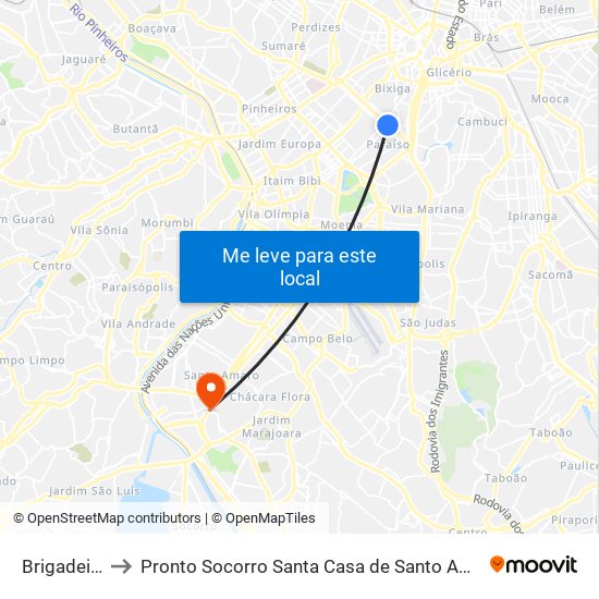 Brigadeiro to Pronto Socorro Santa Casa de Santo Amaro map