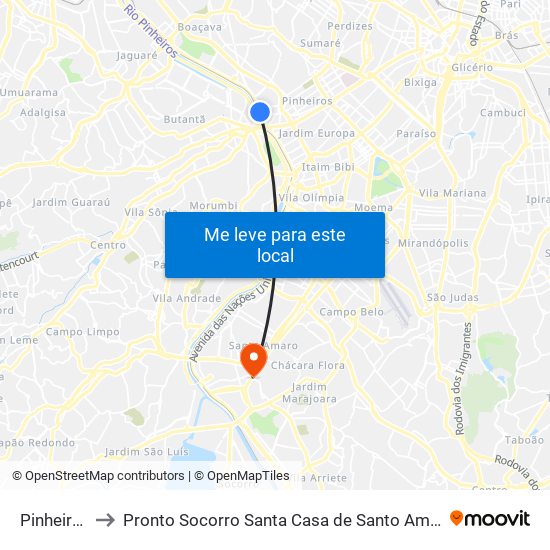Pinheiros to Pronto Socorro Santa Casa de Santo Amaro map
