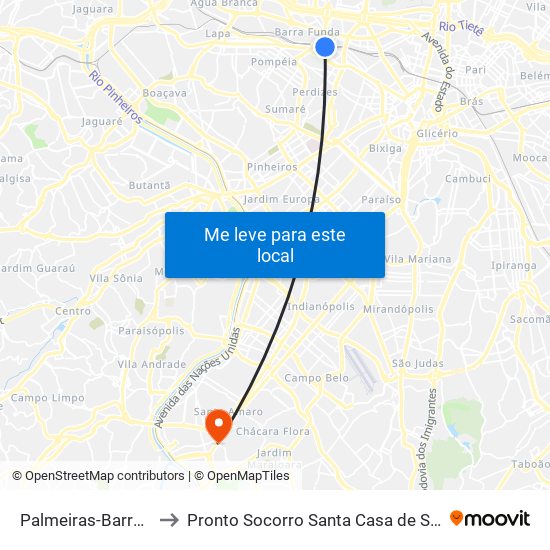 Palmeiras-Barra Funda to Pronto Socorro Santa Casa de Santo Amaro map