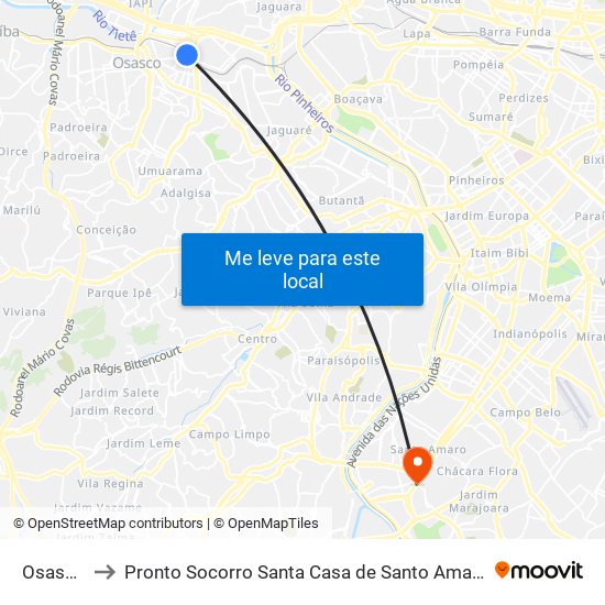 Osasco to Pronto Socorro Santa Casa de Santo Amaro map