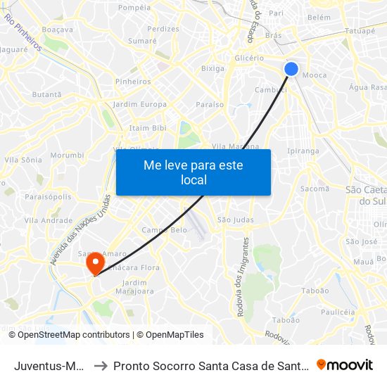 Juventus-Mooca to Pronto Socorro Santa Casa de Santo Amaro map