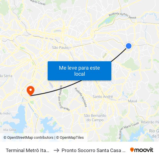 Terminal Metrô Itaquera Norte to Pronto Socorro Santa Casa de Santo Amaro map