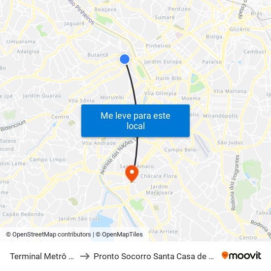 Terminal Metrô Butantã to Pronto Socorro Santa Casa de Santo Amaro map