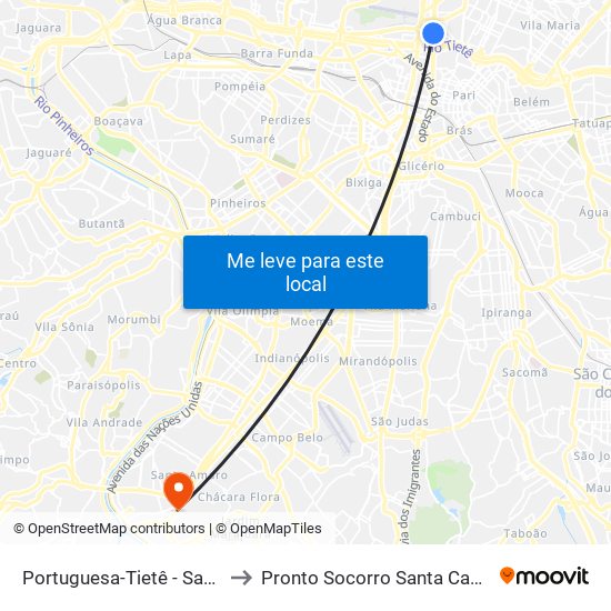 Portuguesa-Tietê - Santana, São Paulo to Pronto Socorro Santa Casa de Santo Amaro map